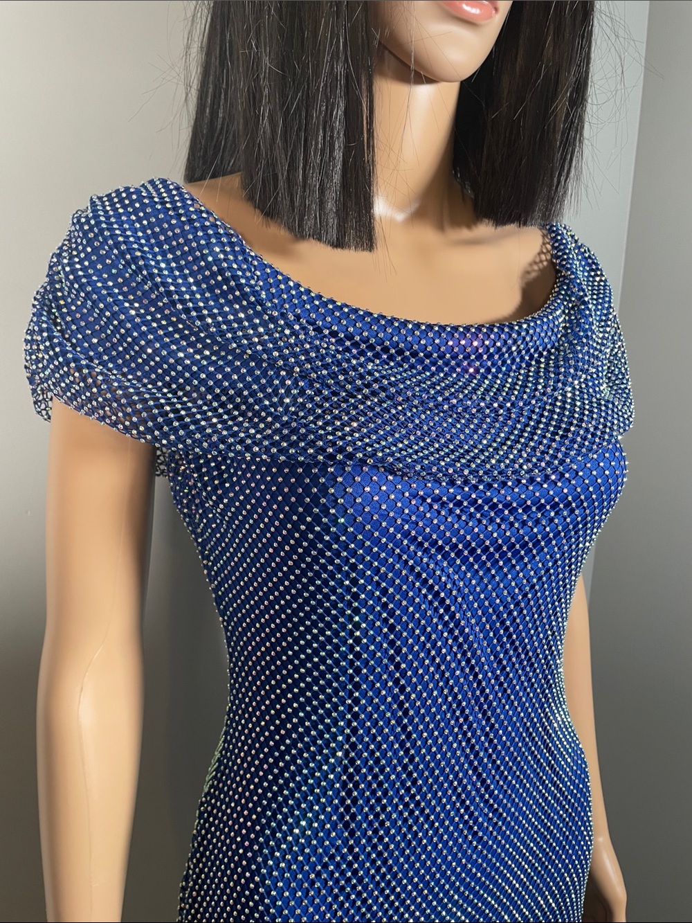 Taylor Royal Blue Rhinestone Mesh Mini Dress